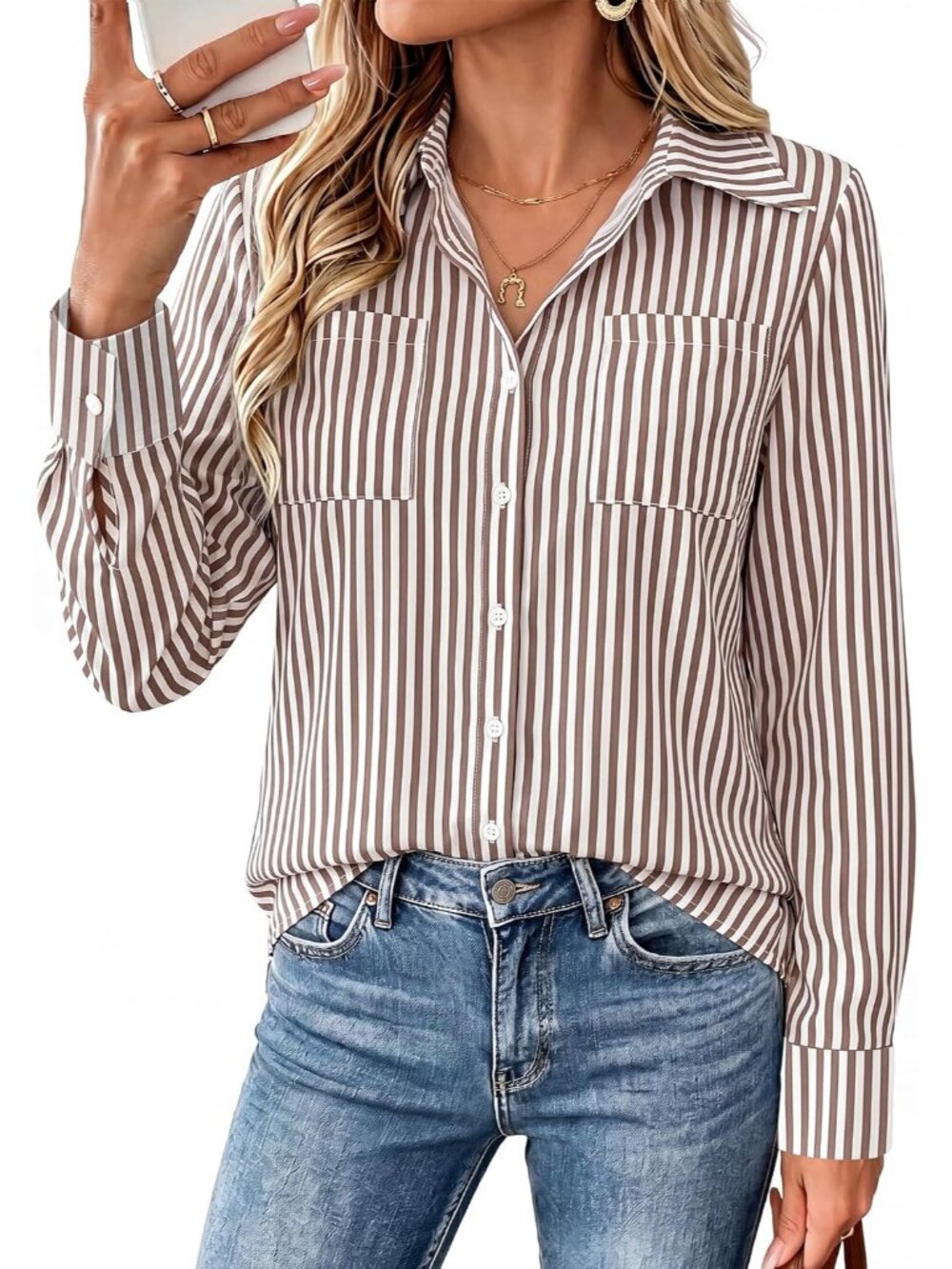 Women's Brown Striped Long Sleeve Shirts Button Down Top Pocket Casual Blouses